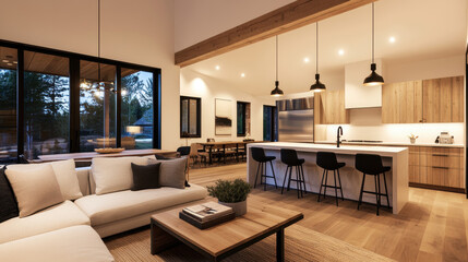 Fototapeta premium Modern living room with open kitchen, wooden accents, cozy atmosphere, and stylish furniture for contemporary interior design.