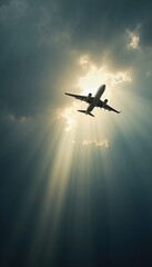 An airplane flies through dramatic clouds illuminated by sunlight in the early evening sky