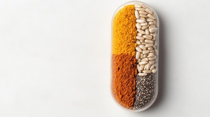 Capsule filled with a mix of powdered seeds and grains like brown rice, sunflower seeds, and chia, showcasing the diversity of plantbased nutrition, Grain capsule, organic health, white background