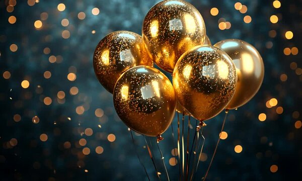 A cluster of golden glitter balloons against a sparkling backdrop.