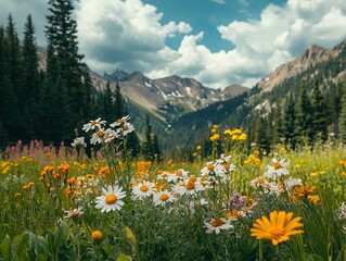 Fototapeta premium A field of wildflowers with a mountain in the background
