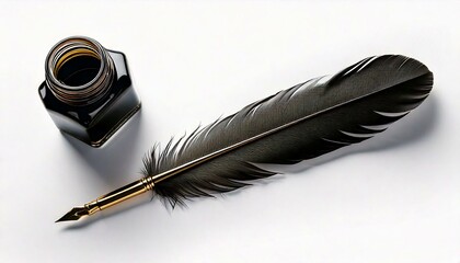 A  black quill pen and an ink bottle isolated on white background