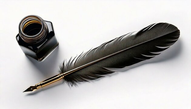 A  black quill pen and an ink bottle isolated on white background