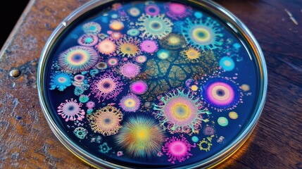 Petri dish with colorful microorganism growths under a microscope, on a neutral lab surface, showing intricate colony structures.