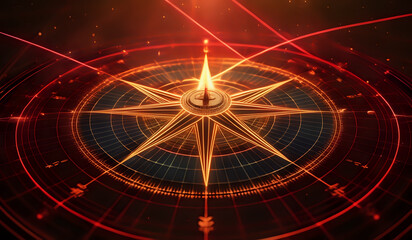 A holographic nautical compass on top of glowing lines representing network communication with sparkles of light in red and yellow tones