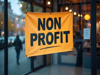 A bright non-profit sign hangs outside a community-focused organization during early evening on a bustling city street