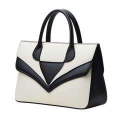 Black and white purse with a white handle. The purse is made of leather and has a black-and-white design. finding facts concepts isolated cutout on transparent png background.