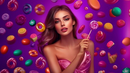 Beautiful lady with colorful lollipop candy on the pink background with sweets, donuts and candies