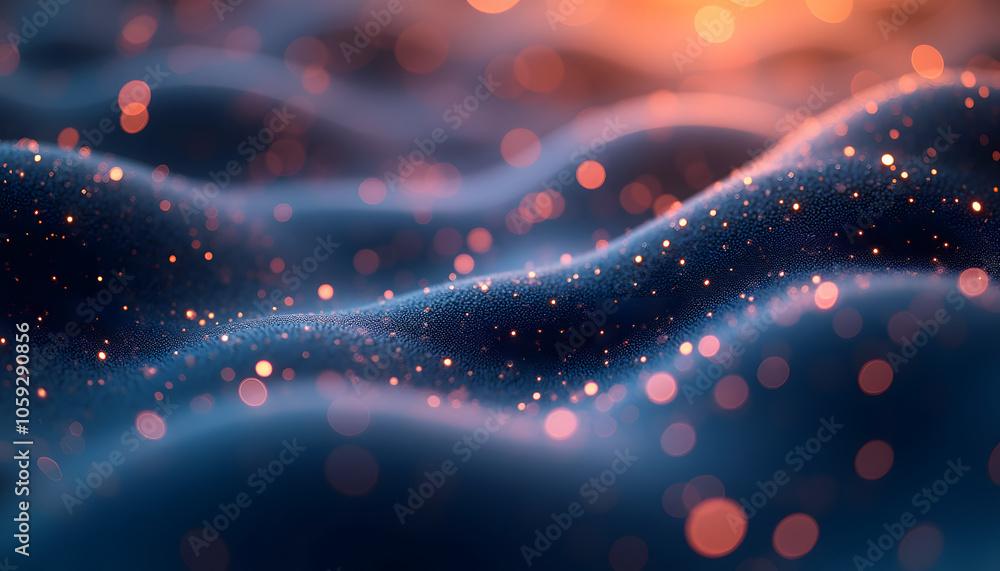 Poster abstract background featuring shimmering dots on fluid waves in a dark color palette