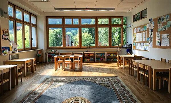 Bright classroom with wooden furniture and large windows.