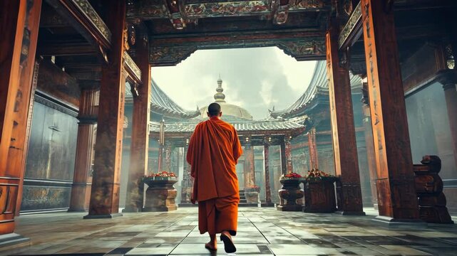 A monk walks through a traditional Chinese temple, surrounded by ornate wooden pillars and a misty atmosphere