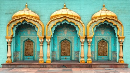 Obraz premium Three ornate arches with golden domes on a turquoise wall.