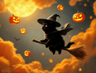 Black Cat Witch on Halloween Night