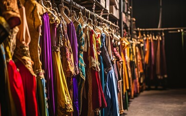 A colorful array of costumes hanging on racks in a backstage setting.