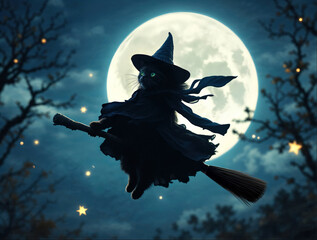 Magical Black Cat Witch Flying Under Full Moon