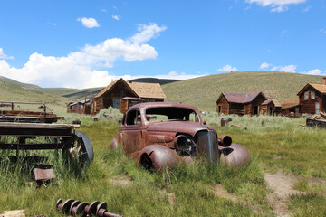 Abandoned Vintage Car in Historic Ghost Town Landscape