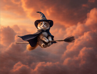 Cute Kitten Witch Flying on Broomstick at Sunset