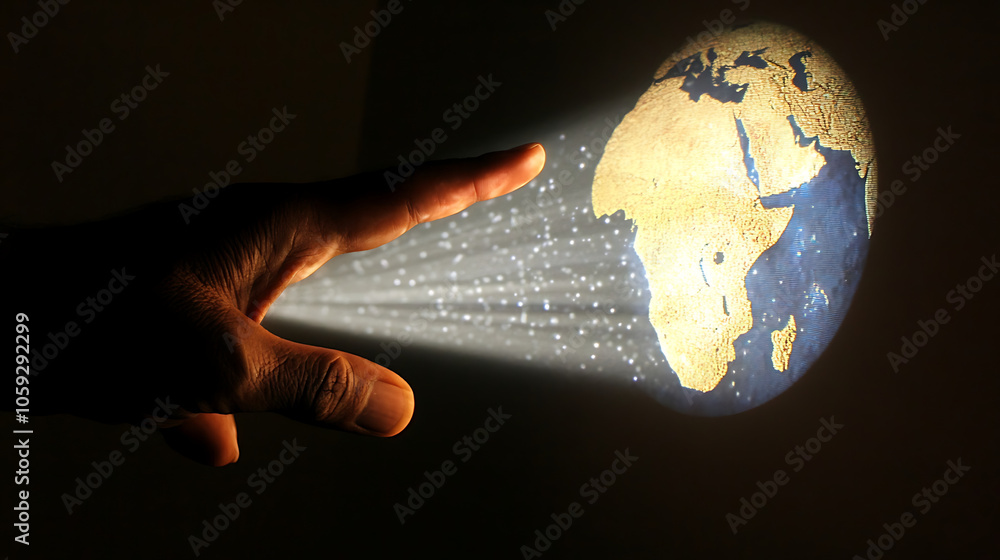 Poster hand reaching out to touch projected image of earth, symbolizing connection and exploration. contine