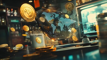 Virtual currency wallet.Digital Wallet and Cryptocurrency concept that controls usage with blockchain and smart contacts. Cryptocurrency payments and blockchain technology based digital money concept.