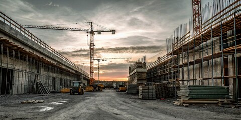 Construction Site at Sunrise with Machinery and Materials Ready for a Productive Day