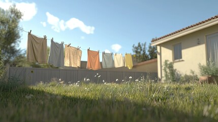 Fototapeta premium Simple clothesline with clean laundry drying in a backyard against a sunny, blue sky, capturing a fresh and natural drying scene.
