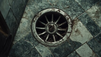 Obraz premium Shower drain filled with hair and soap residue, highlighting maintenance needs in the bathroom.