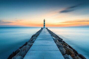 Serene Long Exposure of Lighthouse at Sunset, Pathway Leading Over Calm Sea. Perfect for themes related to nature, coastal life, and peaceful retreats.