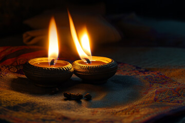 An Indian oil lamp with burning candles, placed with some spices around it,during the Diwali celebration