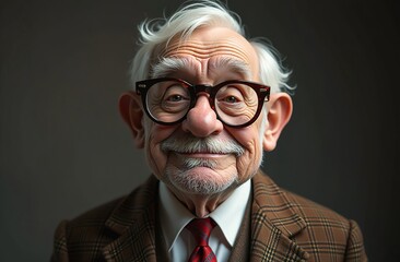 An old man in big glasses, jacket, shirt and tie on a dark gray background.