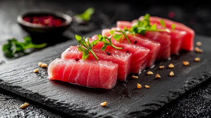 Studio lighting highlighting vibrant Tuna Sashimi slices, placed on a dark slate plate, casting soft shadows and enhancing the texture of the fish