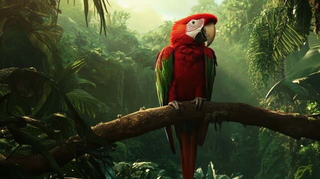 Stunning red and green Macaw parrot on a branch, blending into the lush rainforest with vibrant, eye-catching plumage.