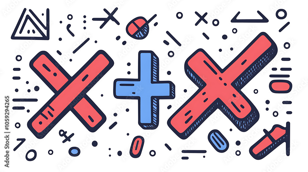 Aufkleber simplistic line art illustration featuring red and blue plus and cross symbols, surrounded by variou