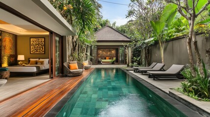 Swimming pool with a wood deck in a private villa, stylish lounge chairs nearby, creating a serene and exclusive setting, no people.