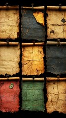 wallpaper created with colorful, old, and worn textured papers on a black background