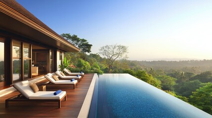 Fototapeta premium Swimming pool with a wood deck in a private villa, stylish lounge chairs nearby, creating a serene and exclusive setting, no people.