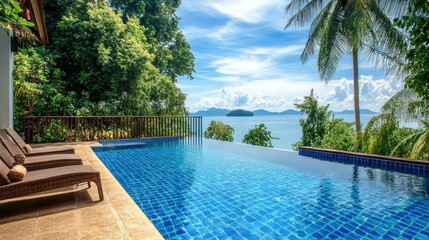 Fototapeta premium Swimming pool with clear blue water in a private villa, with modern outdoor furniture and scenic views, no people.