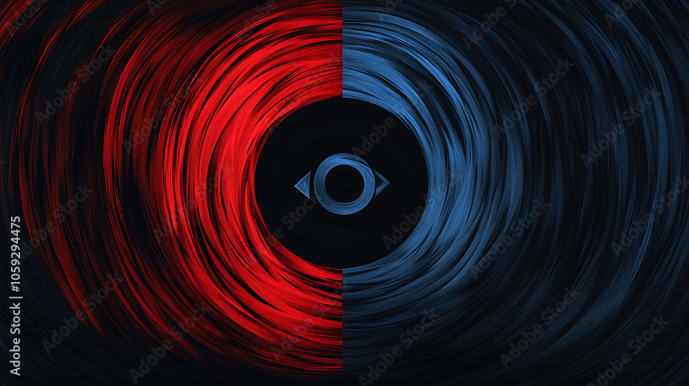 Poster Dynamic swirling patterns in red and blue create striking visual contrast, symbolizing duality and balance. central circular element adds depth and intrigue