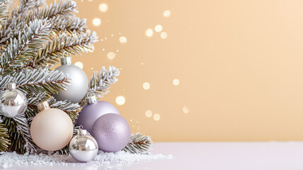 Frosted pine branches adorned with silver and pastel Christmas ornaments against a soft, warm background with bokeh lights