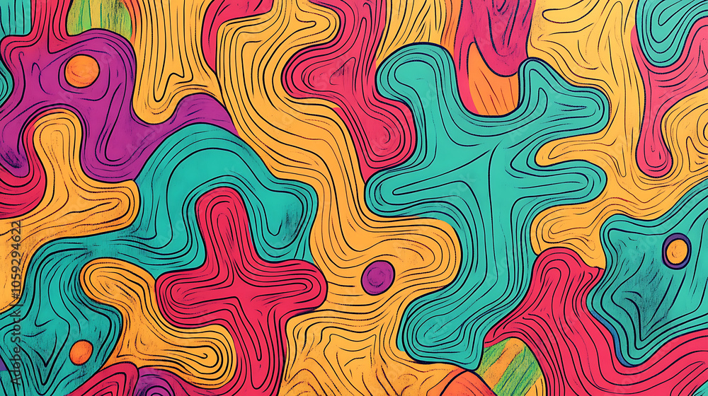 Poster psychedelic abstract illustration featuring vibrant colors and fluid shapes, creating dynamic and en