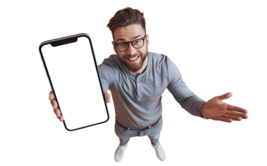 Man presenting a blank smartphone screen on a transparent background, ideal for app display mockups, digital content, and advertising space