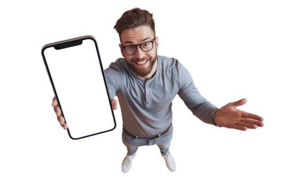 Man presenting a blank smartphone screen on a transparent background, ideal for app display mockups, digital content, and advertising space