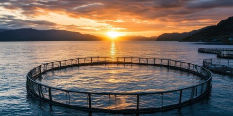 Obraz premium Circular Salmon Farms Overlooking the Ocean