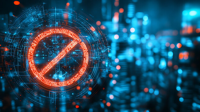 Digital no parking sign holographically projected in futuristic cityscape, showcasing vibrant blue and orange colors with high tech aesthetic. image conveys sense of restriction and modernity