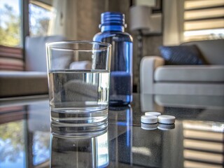 Cozy Living Room Daily Medicine Intake with Water and Pills in Silhouette Photography