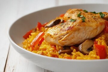 Spanish dish of arborio rice chicken mushrooms bell pepper and spices served in a white bowl on a light wooden table