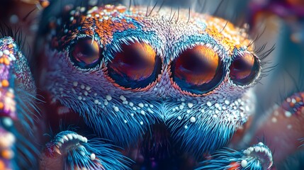 Fototapeta premium A spider's compound eyes captured under a biological microscope, revealing intricate geometric facets and vibrant colors in high resolution.