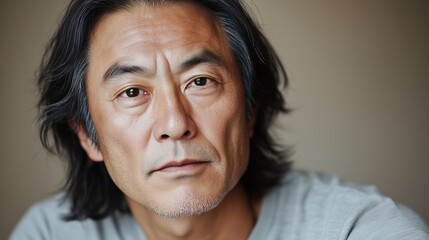 Contemplative Asian Man with Dark Hair and Serious Gaze