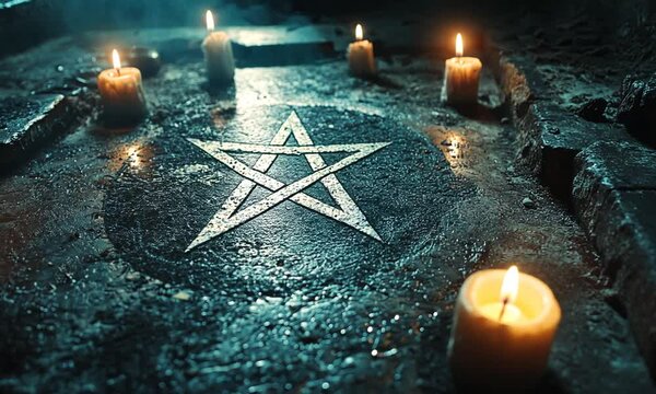 A dimly lit scene featuring a pentagram surrounded by candles.