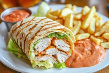 Spicy wrap with chipotle sauce turkey lettuce ketchup and mayo in tortilla on a white plate