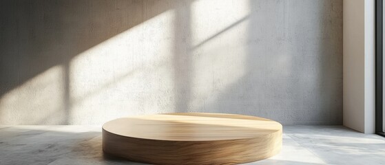 A wooden round table is sitting in front of a wall